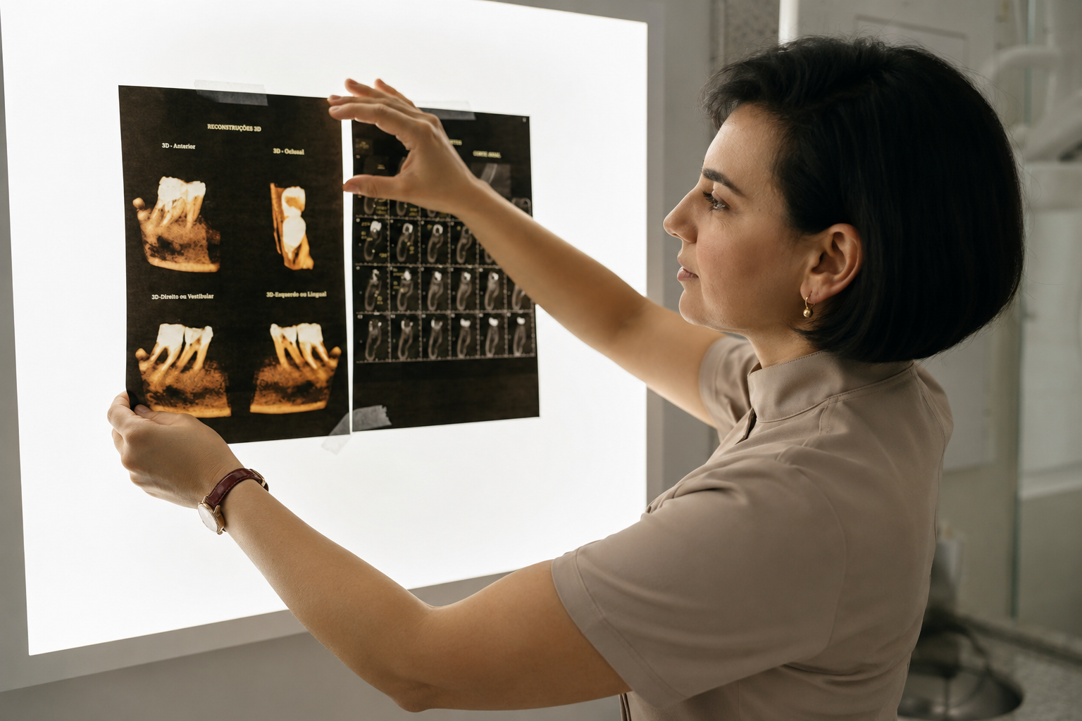 Female dentist reviewing dental X rays at Andent Clinic