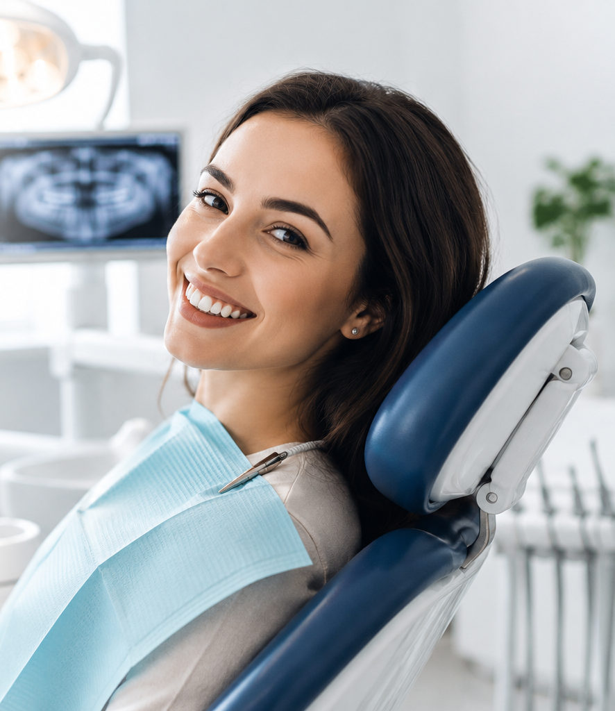 Smiling dental patient in a modern clinic in Tirana